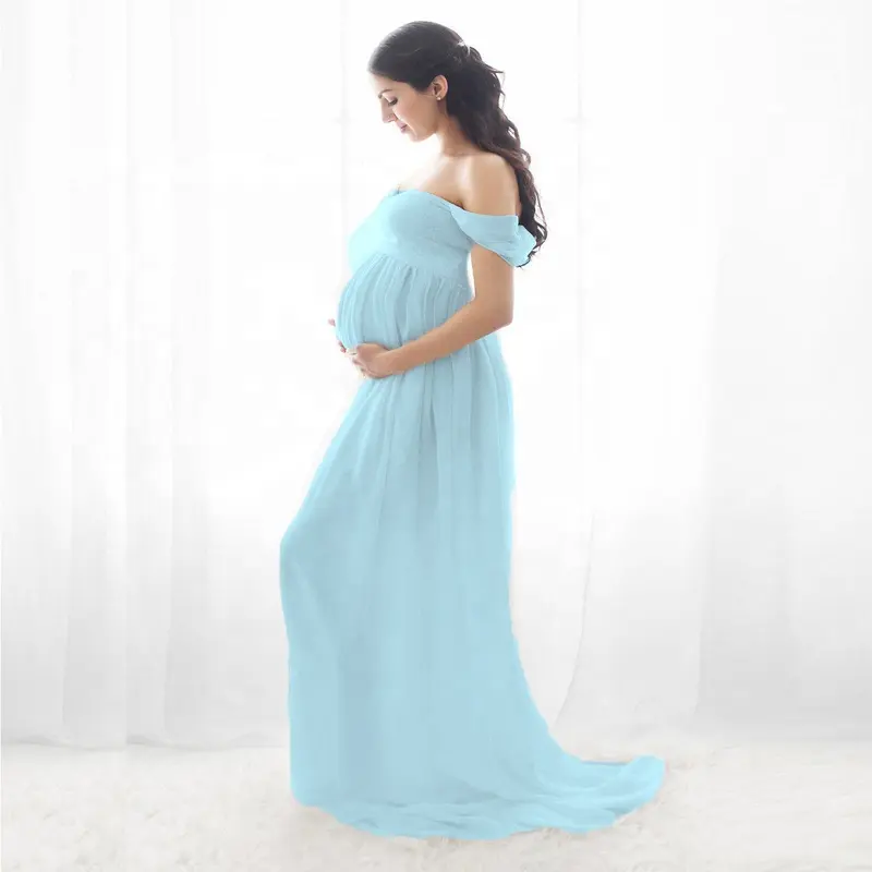 قبالة الكتف فستان حمل لالتقاط الصور wq14 أو استحمام الطفل الحوامل أثواب مساء اللباس