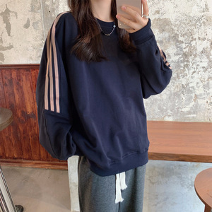 Striped Long Sleeve Pullover Sweatshirt Women Light Gray Navy Blue Breathable Knitted Spring Autumn Korean Style Boyfriend Fit - Product Image 3