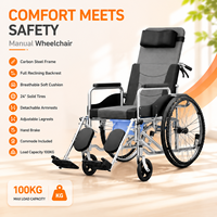 Fauteuil roulant pliable inclinable avec coussin moelleux, acier au carbone, pneus pleins de 24 pouces, accoudoirs amovibles, repose-jambes réglables, frein à main et récipient de toilette