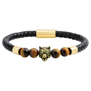 Fashion Jewelry Magnetic Clasp Braided Leather Tiger Eye Bracelet with Beads Charm
