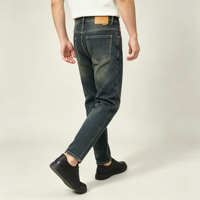 Jean bleu marine pour homme, denim foncé délavé, coupe slim droite, cinq poches, pantalon décontracté, fabricant OEM sur mesure