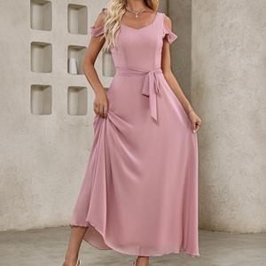 <span class=keywords><strong>Robe</strong></span> d'été décontractée pour femmes en mousseline de soie rose Maxi Dress Breathable Pure Polyester High Waisted Solid Color A-Line Long Belted Tie - Product Image 3