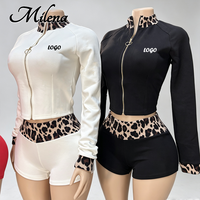 Ensemble sportif décontracté pour femmes Milena avec logo personnalisé, imprimé léopard, veste à fermeture éclair à manches longues, short taille haute, ensemble deux pièces