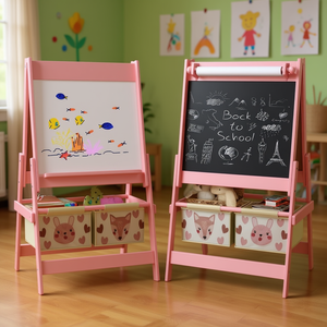 Caballete de arte rosa con rollo de papel, pizarra y almacenamiento para pizarra blanca, modelo de madera D0100HAW5N7 - Product Image 2