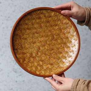 Handmade Bamboo Woven Serving Tray Herringbone Pattern Round For Snacks Fruits Pastries Household Desktop Use - Product Image 1
