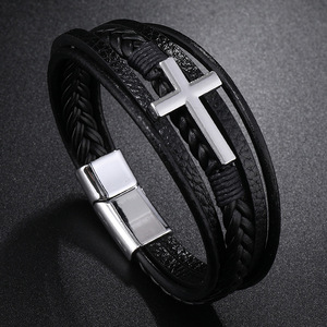 Hot Sale Cross Leather Bracelet Multi-Layer Handmade <b>Braided</b> Rope Magnet Buckle Genuine Leather Bracelet for Men - Product Image 5