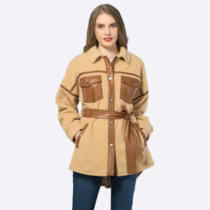 Manteaux décontractés à manches longues en polaire sherpa patchwork marron boutonné pour femmes automne hiver personnalisés - Product Image 3