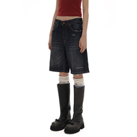 Jean baggy rétro en denim pour femme avec moustaches de chat Sprays de singe Lignes de couleur contrastées Noir Style sexy moyen avec taille avec logo