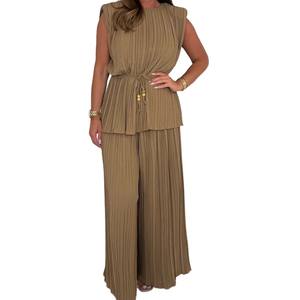 Femmes col rond couleur unie haut sans manches <span class=keywords><strong>pantalon</strong></span> droit plissé décontracté 2 pièces ensemble Sehe mode - Product Image 3