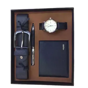 Relógio masculino luxuoso de moda, conjunto de relógio com pulseira de couro de alta qualidade, conjunto de joias e relógios de presente para uso corporativo