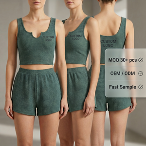 Conjunto de Shorts Holgados de Algodón Sólido para Mujer, Top Corto sin Mangas, Conjunto de <span class=keywords><strong>Dos</strong></span> Piezas con Textura Waffle, Conjunto Combinado de Verano, Proveedor OEM ODM con Logotipo Personalizado - Product Image 1