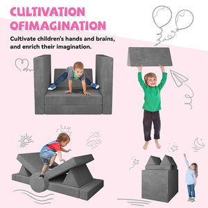 Ensemble de canapés modulaires pour enfants, 11 pièces, tissu gris, mousse haute élasticité, meubles de jeu pour enfants, blocs de construction éducatifs, 3 ans - Product Image 3