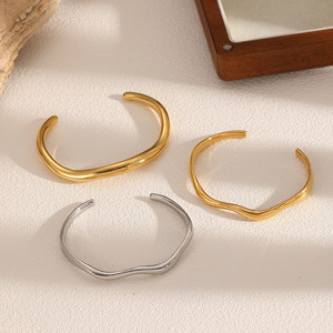 Minimalist 18K Gold Plating Stainless Steel Polished Surface Irregular C-Shaped Opening <b>Bangle</b> <b>Bracelet</b> Jewelry Gift - Product Image 1