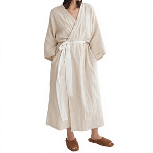 Kimono de lino beige, bata de baño, ropa informal, ropa de dormir, talla grande, holgado, con cinturón, para vacaciones. - Product Image 2