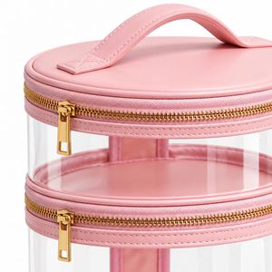 Custom Logo Clear PVC Round <b>Makeup</b> Bag Two Tier Storage Organizer Portable Hair Styling Tools <b>Case</b> For Professional Salon - Product Image 2