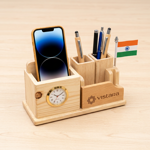 Organisateur de bureau en bois naturel avec impression de logo personnalisé, support pour stylos, horloge, support pour téléphone portable, rangement multifonctionnel pour bureau, maison, étude - Product Image 1