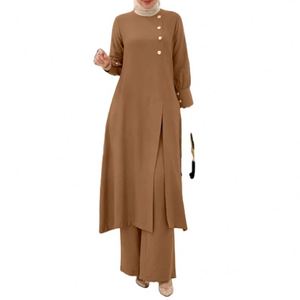 Maxfree - Conjunto de Pantalones Anchos y Camisa Larga Irregular de Color Sólido, Elegante y a la Moda para Mujeres Musulmanas Árabes - Product Image 1