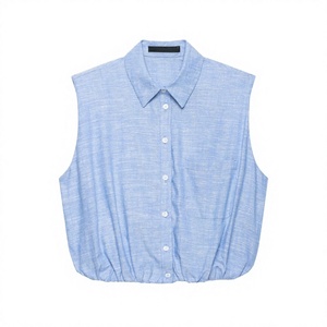 Women's Light Blue Sleeveless <b>Linen</b> Button Down Crop Shirt Casual Solid Collar <b>Top</b> Spring Summer Regular Fit - Product Image 4
