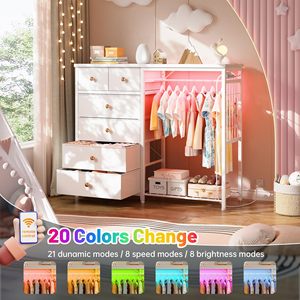 Cómoda Moderna Blanca para Dormitorio con Luces LED y Estación de Carga, 6 Cajones de Tela, Perchero de Hierro, Estilo Madera MDF para Almacenamiento en Sala de Estar - Product Image 5