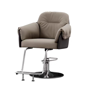 Sillón de Barbería de Cuero Crema, Hidráulico, Giratorio, con Reposapiés, Mueble Moderno para Peluquería - Product Image 1