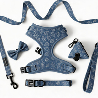 Ensemble Harnais et Collier pour Chien en Jean Imprimé, Réglable, Respirant, Rembourré, Anti-Traction, avec Logo Personnalisé, pour Chiots et Chiens de Petites, Moyennes et Grandes Tailles
