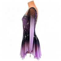 Robe de patinage artistique à manches longues, dégradé noir et violet, avec strass faits à la main, dos lacé en maille, pour filles et adultes