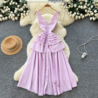 Robe longue décontractée pour femme WIWT, élégante, à volants, col en V, sans manches, coupe trapèze, avec boutons sur le devant, pour tous les jours, les vacances, les soirées