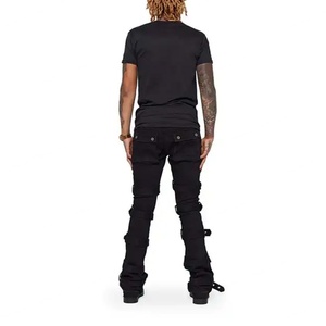 Nuevos Pantalones de Mezclilla para Hombre al por Mayor, Diseño Apilado, con Botones y Correas, Estilo Cargo, Ajustados, de Pierna Ancha, Negros - Product Image 6