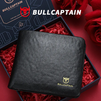 Dompet Kartu BULLCAPTAIN Kulit Asli Pendek Modis untuk SIM, Dompet Kulit Sapi Lapis Atas, Dompet RFID, Kotak Hadiah