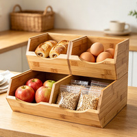 Boîte de rangement empilable en bambou durable personnalisée, utilisée pour le rangement sur le comptoir de cuisine, l'organisation des aliments, les contenants pour pommes de terre et oignons