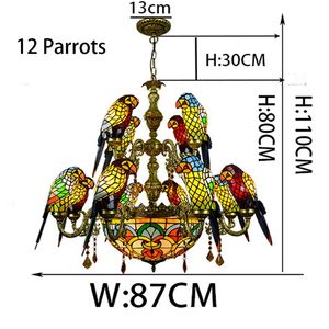 Retro 12 klasik papağan kuş tiffany vitray avize villa oturma odası bar restoran antika kristal kolye lamba - Product Image 6