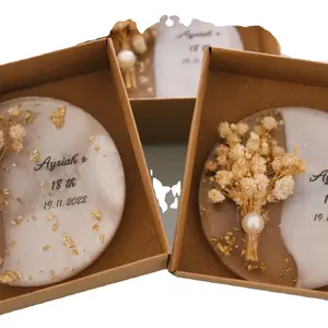 Ímã de lembrancinhas de casamento em epóxi personalizado, flor seca, presente islâmico em caixa, ímãs promocionais personalizáveis para geladeira, para convidados