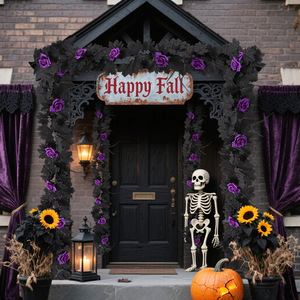 Guirlande de vigne d'érable noire facile à obtenir avec des fleurs rouges, violettes et oranges pour la décoration de la maison et les fêtes de la récolte - Product Image 3