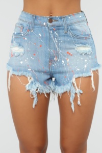 Bleu clair <span class=keywords><strong>Denim</strong></span> Déchiré Peinture À La Main Femme Jeans Court <span class=keywords><strong>Short</strong></span> <span class=keywords><strong>En</strong></span> Jean - Product Image 3