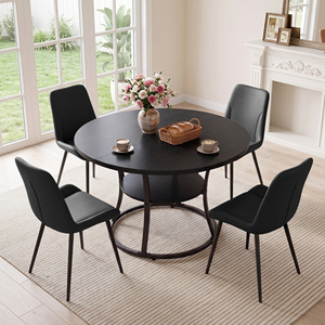 Round Dining Table with <b>Storage</b> Shelf Industrial Metal Frame Kitchen Table Double Layer Dinner Table for Dining Room Kitchen - Product Image 1