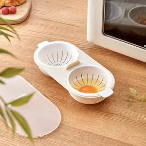 Ketel telur ganda, desain 2 cangkir perebus telur Microwave, tutup anti lengket portabel untuk memasak sarapan