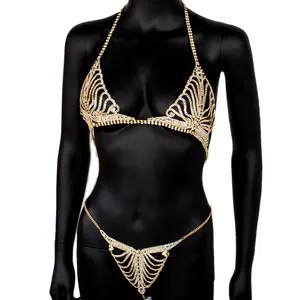 Accesorios transfronterizos, lencería de diamantes, cadena corporal, sexy, club nocturno, cadena de diamantes de imitación, sujetador, conjunto de Tanga, cadena de cintura, oro para mujer