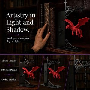 Floating <b>Dragon</b> Bookend With Led <b>Light</b> Fantasy Design Metal Bookshelf Decor For Adults - Product Image 2