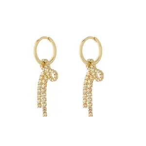 14K Gold Plated 925 Sterling Silver Designer Trend 2024 Zircon Long Tassel Tennis Knot Huggie Hoop Bow Earring Jewelry for Women