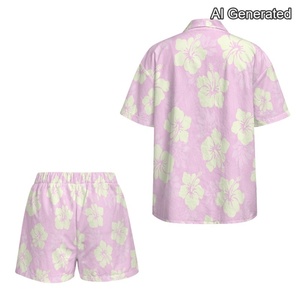 Conjunto de Dos Piezas con Estampado Floral Estilo Hawaiano para <span class=keywords><strong>Mujer</strong></span>, Blusa Transpirable de Manga Corta y Pantalones Cortos con Cordón, Atuendo Casual para la Playa - Product Image 4
