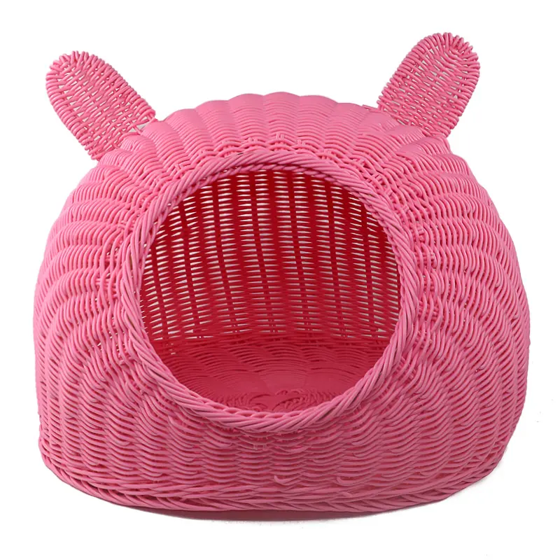 Pet gaiolas casas cesta rattan bonito feito à mão tecido gato em forma de plástico rattan pet beds & pet house & woven cesta