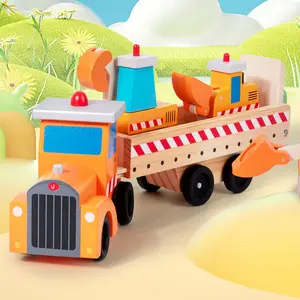 Wooden Construction Vehicle Carrier Model Toy Truck Set Children Wooden Car Toy Boy Gift Engineering Car Toy For Kids Boys Girls