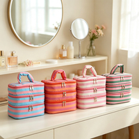 Sac de toilette personnalisé à rayures, 3 couches, grande capacité, sac de maquillage de voyage, organiseur de toilette portable, sac à main