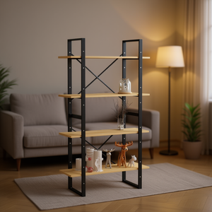 Bibliothèque en bois de pin massif à 4 niveaux avec structure en métal noir, meuble de salon moderne, étagère modulaire autoportante, finition bois naturel - Product Image 2