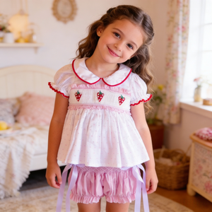 Vestito Estivo in Cotone per Bambine 1-6 Anni, Stile Principessa, Rosa a Righe con Ricamo Fragola, Colletto Peter Pan e Volant - Product Image 6
