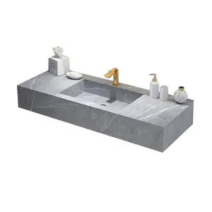 Customized rock slab countertops vanity table sintered stone commercial double basin hotel bathroom vanity unit