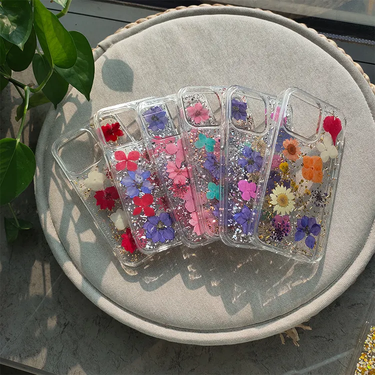 Nueva funda trasera de armadura transparente de flores reales secas a prueba de golpes cubierta completa epoxi Craft Glue Glitter Phone Case para iPhone 13 14 15 Pro