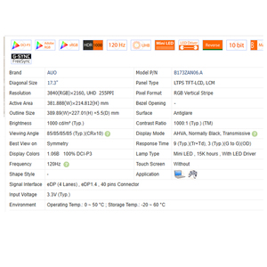 1000:1 B173ZAN06.A/C 120Hz 500 Cd/<span class=keywords><strong>m</strong></span> IPS WLED Mini LED 17.3 "16:9 Modul Layar LCD Laptop 3840X2160 EDP 40 Pin 100% SRGB - Product Image 6