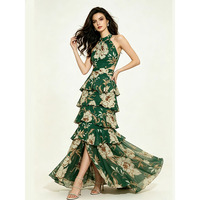 Nouvelle Robe Longue d'Été Vert à Imprimé Floral pour Femme, Col Halter Sans Manches, Découpes à la Taille, Volants Superposés en Mousseline, Style Bohème pour Fête à la Plage