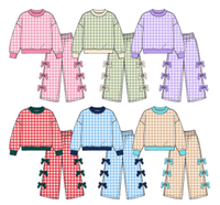 Set Pakaian 2 Potong ODM Kasual Vintage Unisex, Atasan Rajut Kotak-Kotak Lengan Pendek dan Cardigan Lengan Panjang